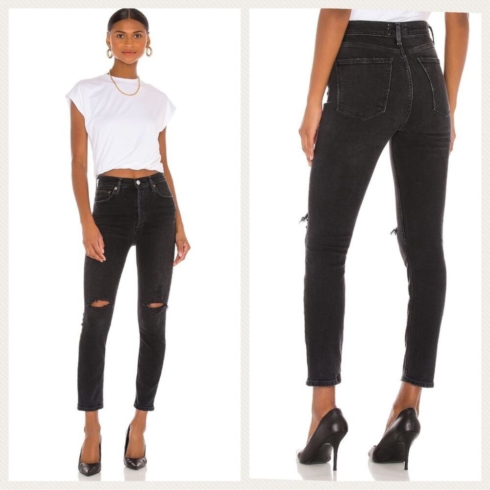 Agolde Nico High Rise Slim Jeans Button Fly Black  Distressed Size 25